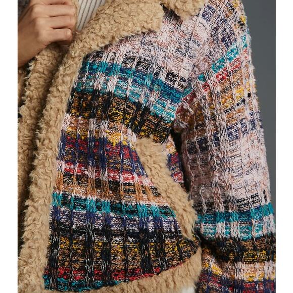 Anthropologie Cropped  Faux Shearling Fur Sherpa Cuffs Tweed Sweater Coat Size L - Picture 4 of 11